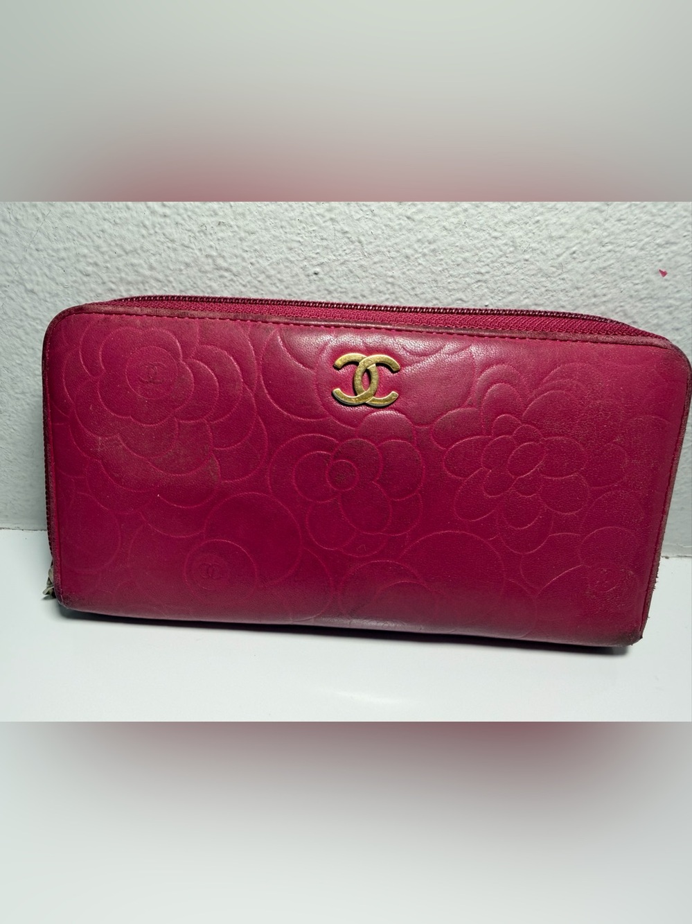CHANEL Rose Pink Camellia-Embossed Zip Wallet with Gold CC